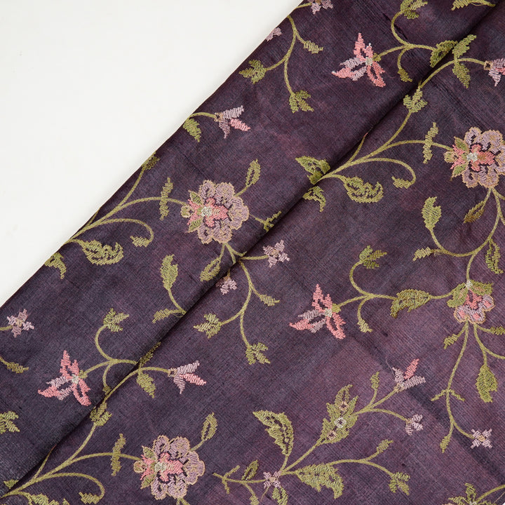 Serena Jaal On Aubergine Tussar Silk Embroidered Fabric
