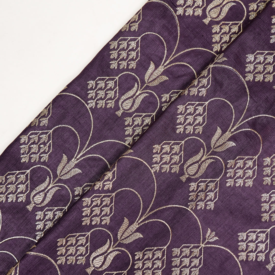 Bushra Jaal On Aubergine Tussar Silk Embroidered Fabric
