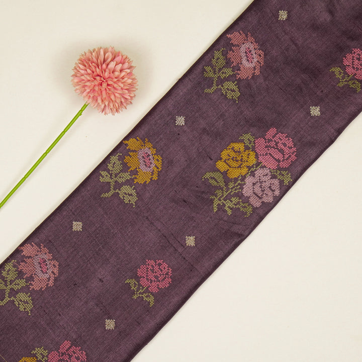 Noorain Buta On Aubergine Tussar Silk Embroidered Fabric