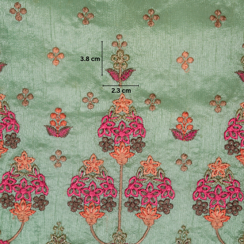 Candelabra Style Floral Arches on Light Teal Dola Silk Embroidered Fabric