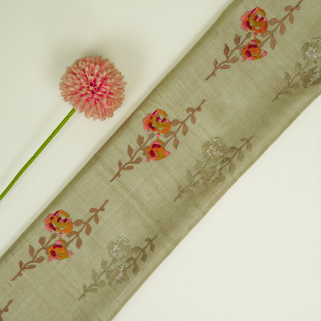 Noura Buta On Beige Tussar Silk Embroidered Fabric