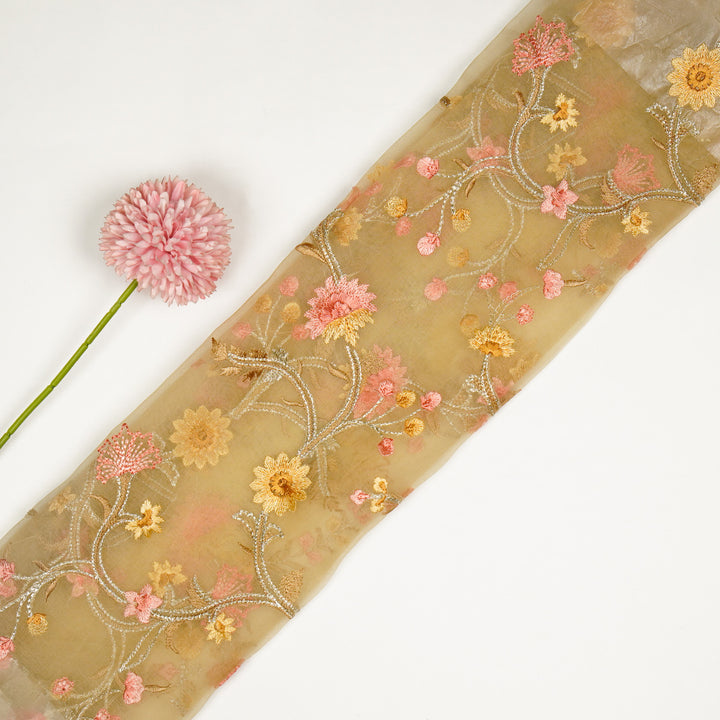 Riha Jaal on Peach Imported Silk Organza Embroidered Fabric