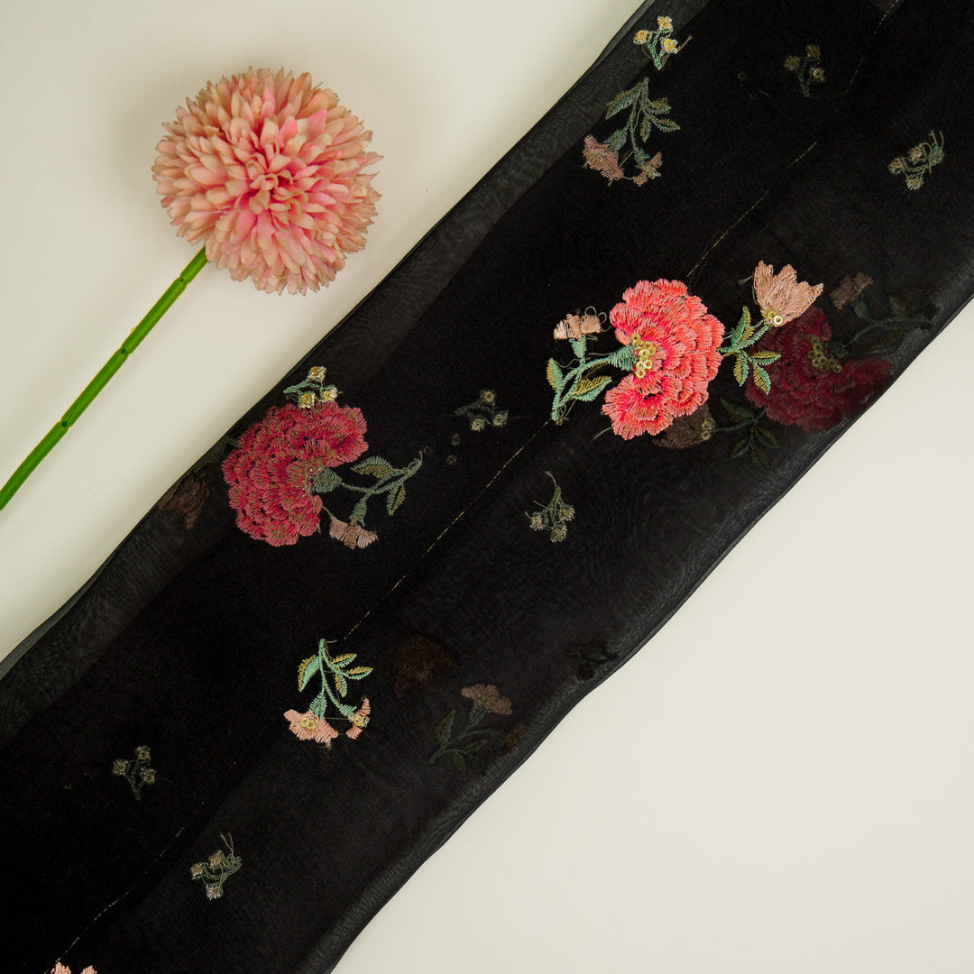Guldan Buta on Black Silk Organza Embroidered Fabric