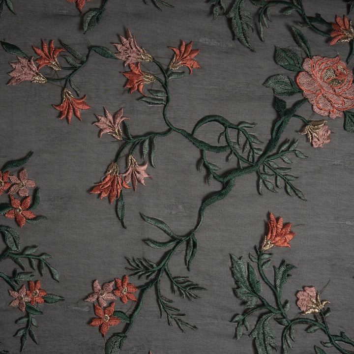 Black Silk Organza Nitara Floral Jaal Embroidered Fabric