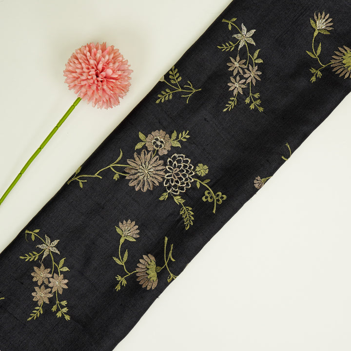 Mahzar Jaal On Black Tussar Silk Embroidered Fabric
