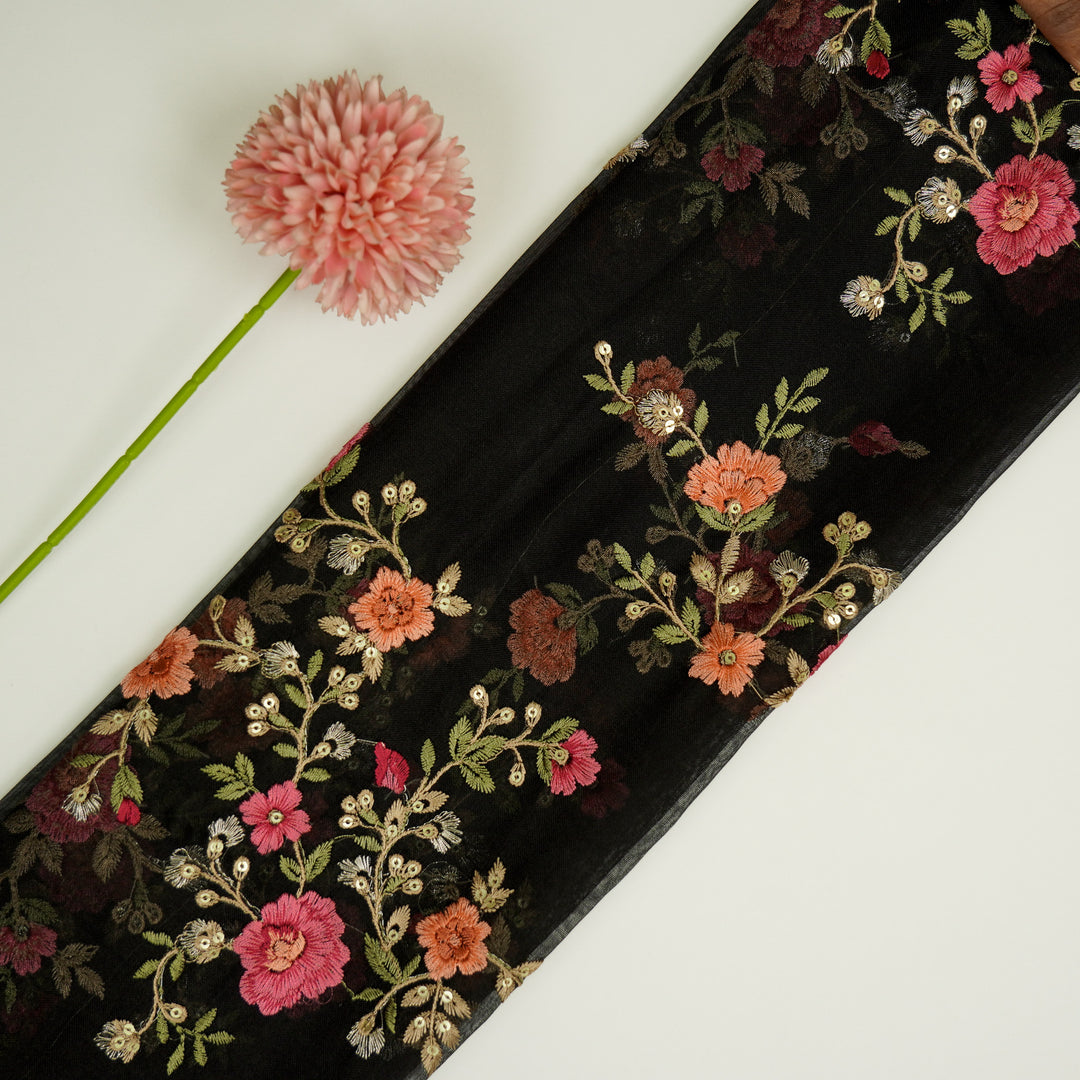 Saanjh Jaal on Black Silk Organza Embroidered Fabric