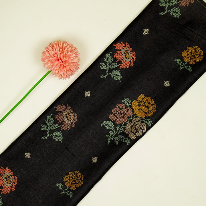 Noorain Buta On Black Tussar Silk Embroidered Fabric