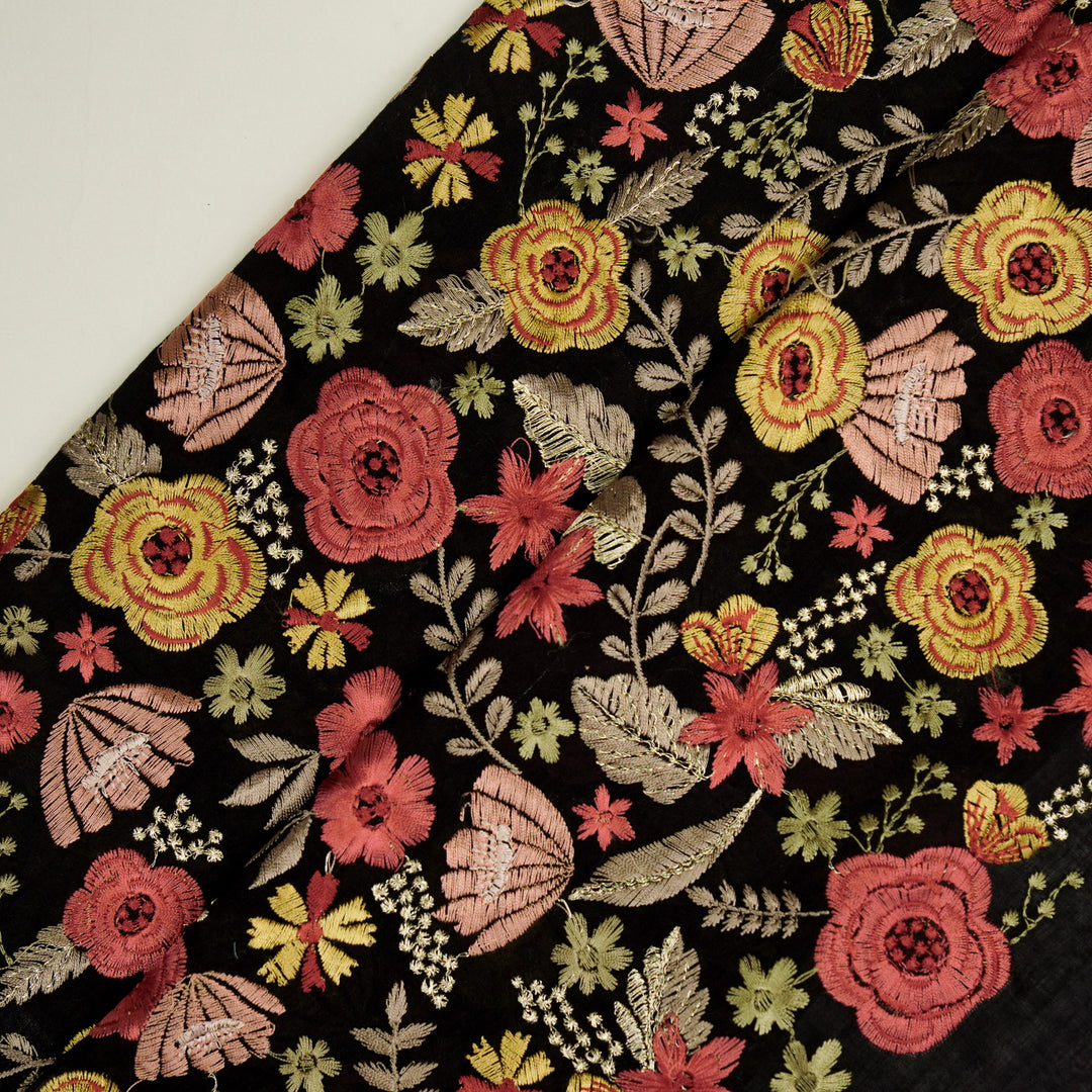 Waha Jaal on Black Silk Chanderi Embroidered Fabric
