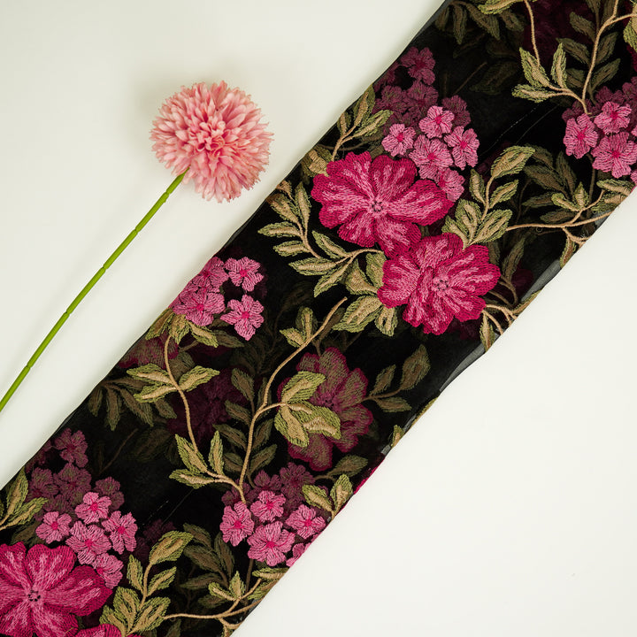 Afsoon Floral Jaal on Black Silk Organza Embroidered Fabric