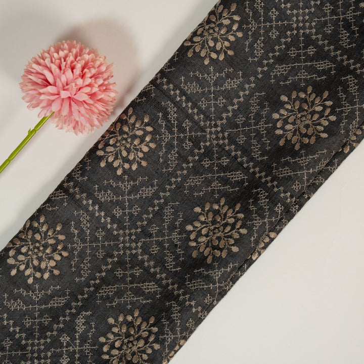 Black Tussar Silk Zara Jaal Embroidered Fabric