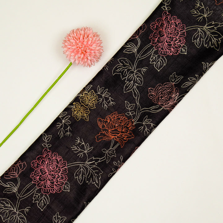 Fajra Jaal On Black Tussar Silk Embroidered Fabric