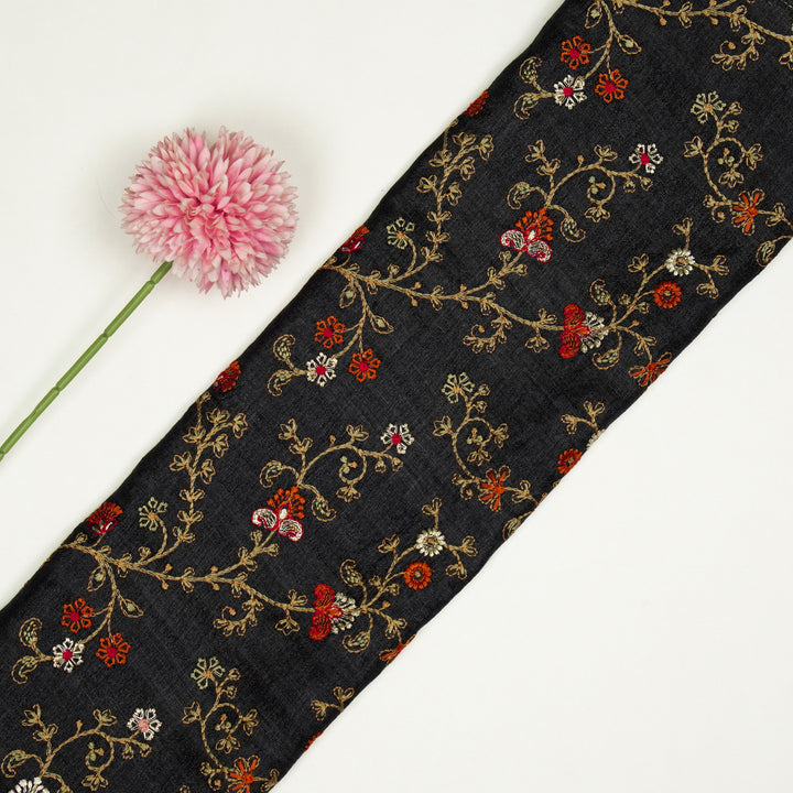 Latika Jaal On Black Tussar Silk Embroidered Fabric