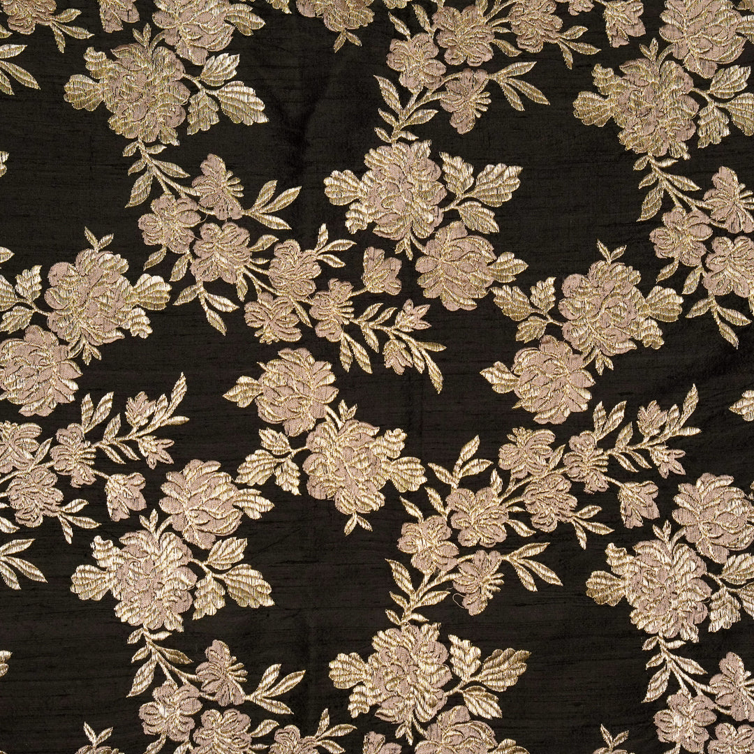 Taruja Jaal on Black Raw Silk Embroidered Fabric