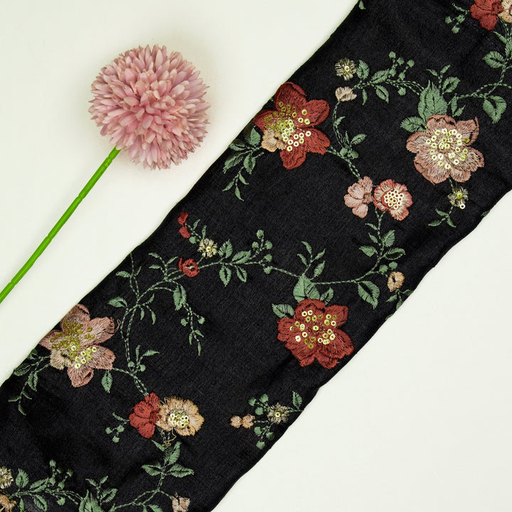 Rabab Jaal On Black Tussar Silk Embroidered Fabric