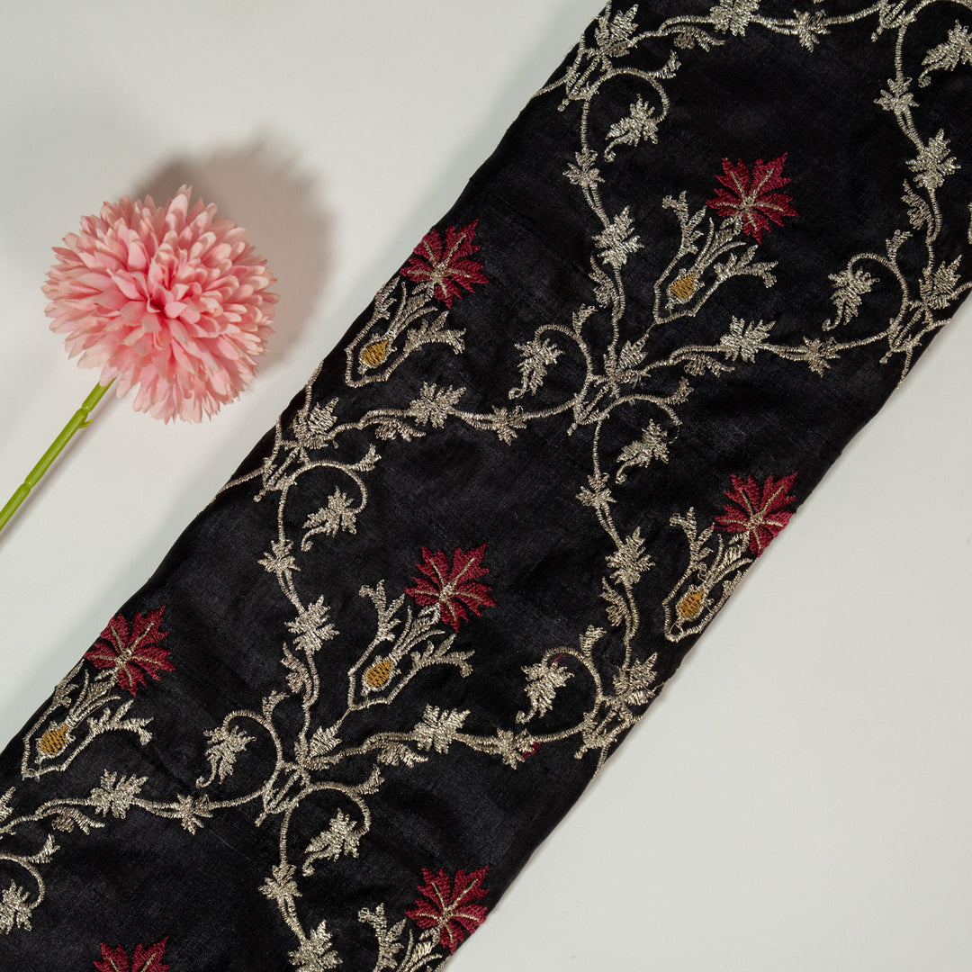 Black Tussar Silk Soheila Jaal Embroidered Fabric