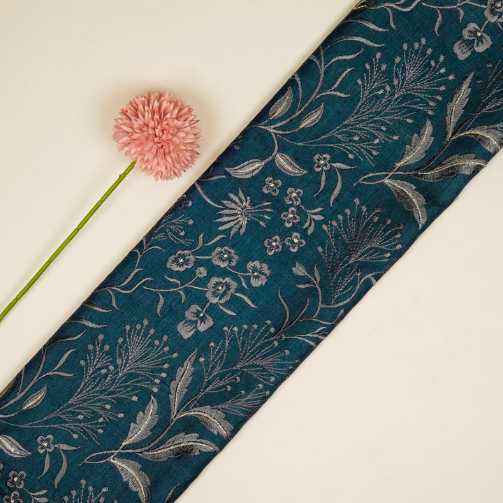 Tarali Jaal On Blue Tussar Silk Embroidered Fabric