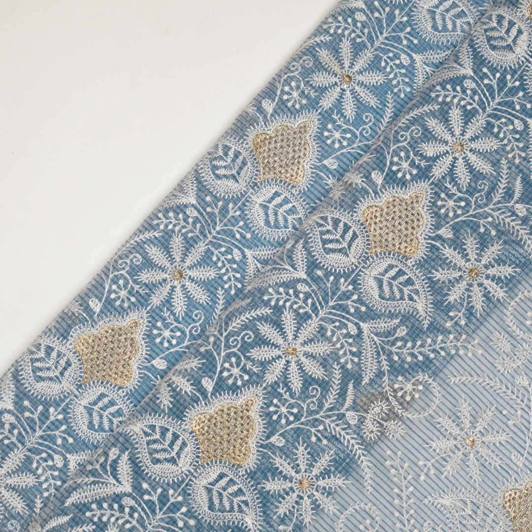 Chikankari Style Jaal With Zardozi On Blue Munga Kota