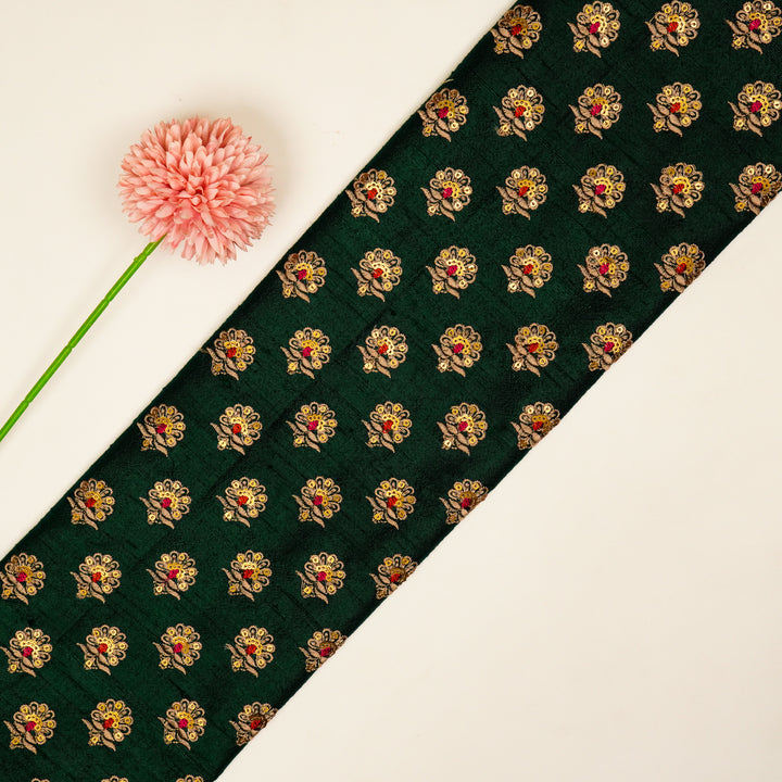 Muneer Buti on Bottle Green  Raw Silk Embroidered Fabric