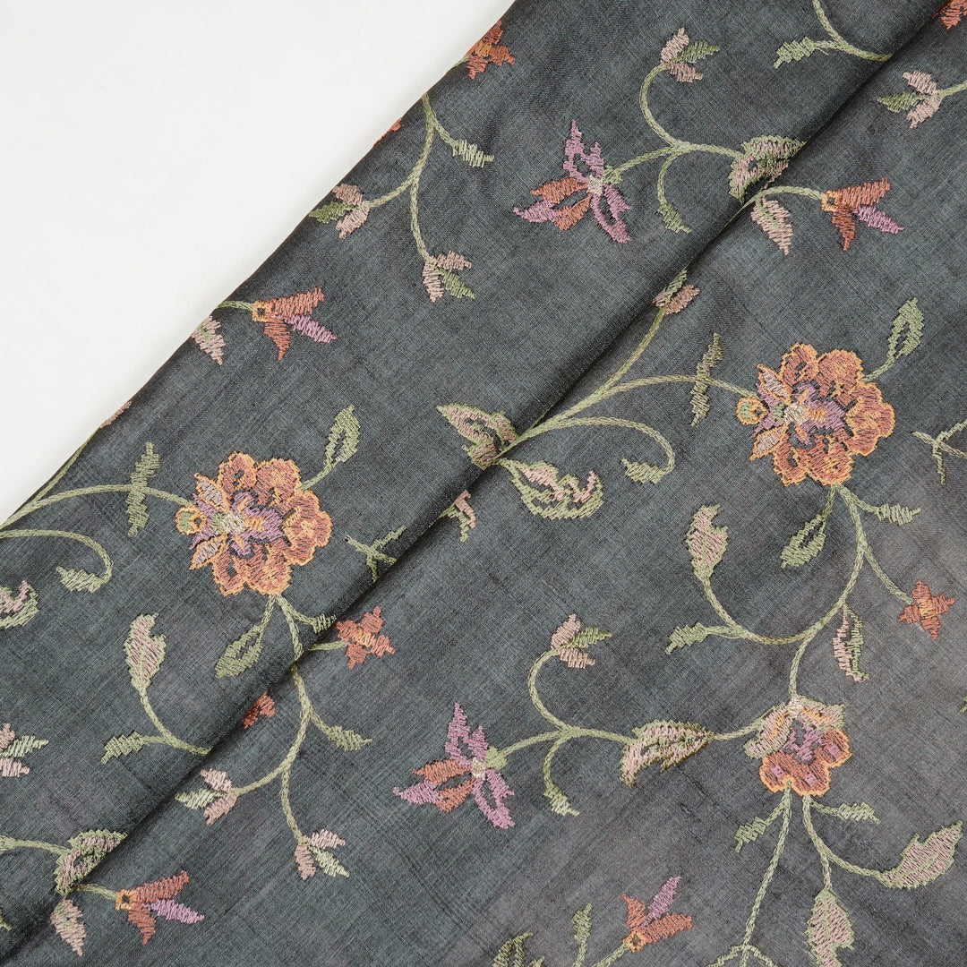 Serena Jaal On Charcoal Tussar Silk Embroidered Fabric