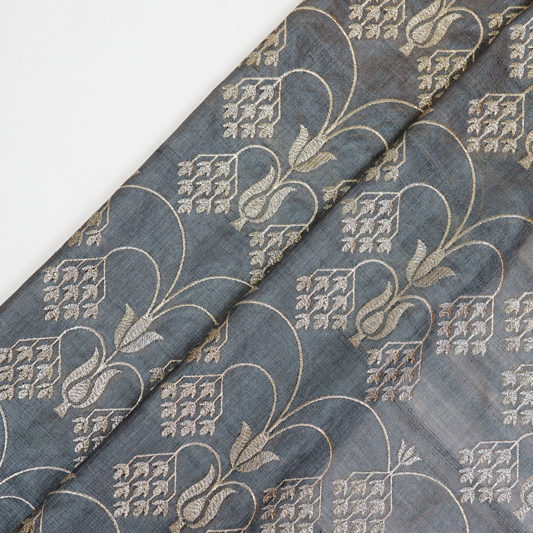 Bushra Jaal On Charcoal Tussar Silk Embroidered Fabric