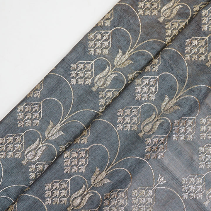 Bushra Jaal On Charcoal Tussar Silk Embroidered Fabric