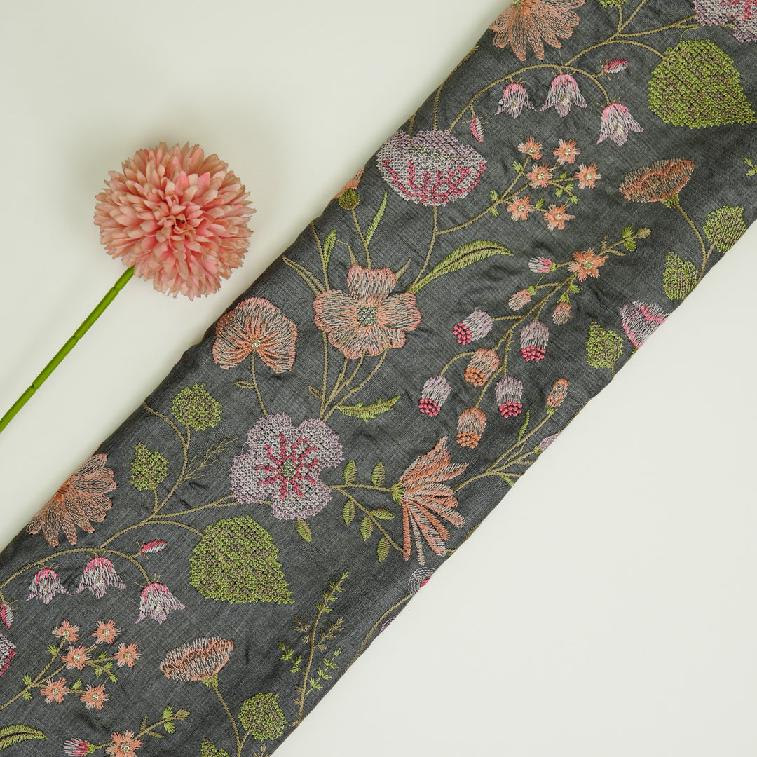 Kanan Jaal On Charcoal Tussar Silk Embroidered Fabric