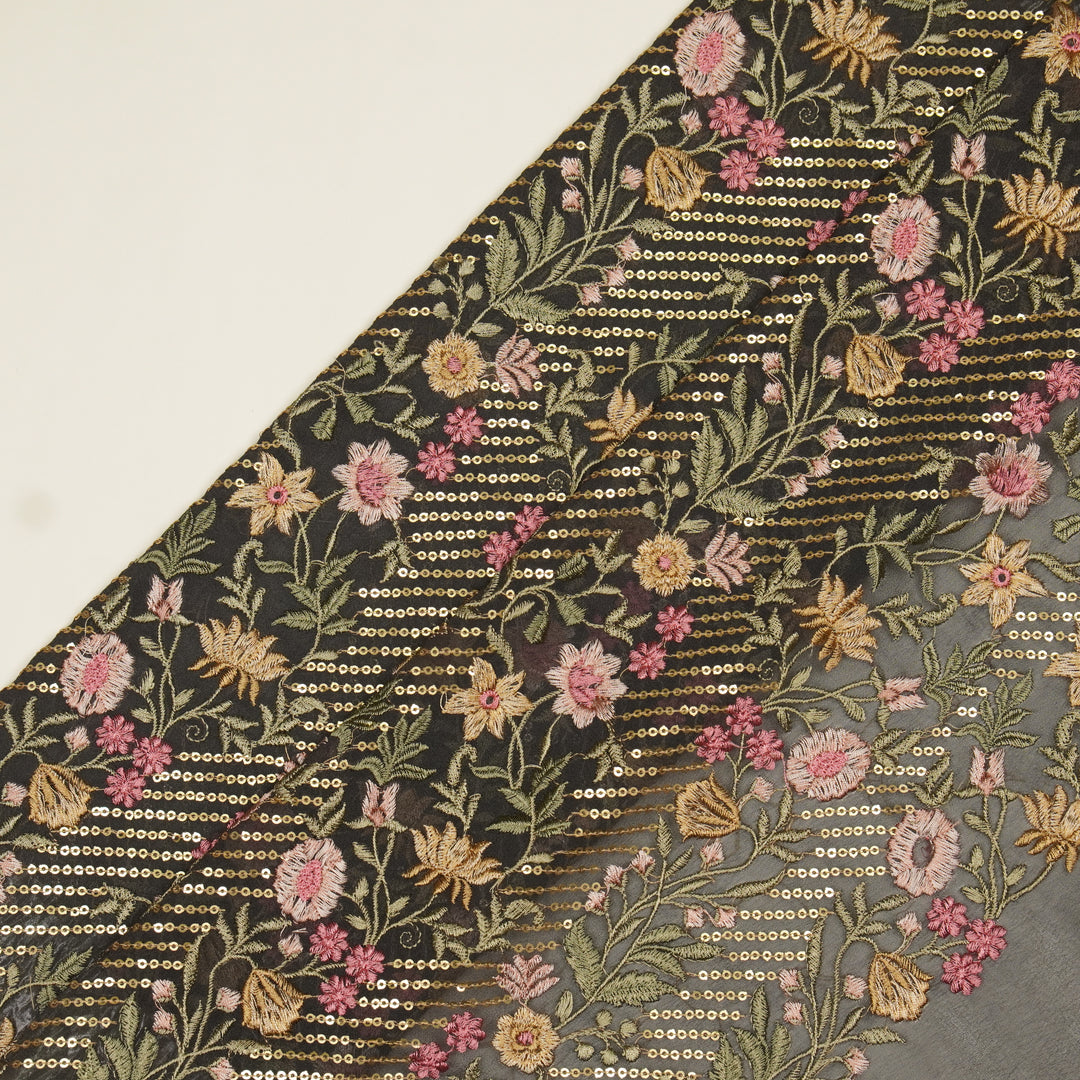 Kanan Jaal on Charcoal Semi Georgette Embroidered Fabric