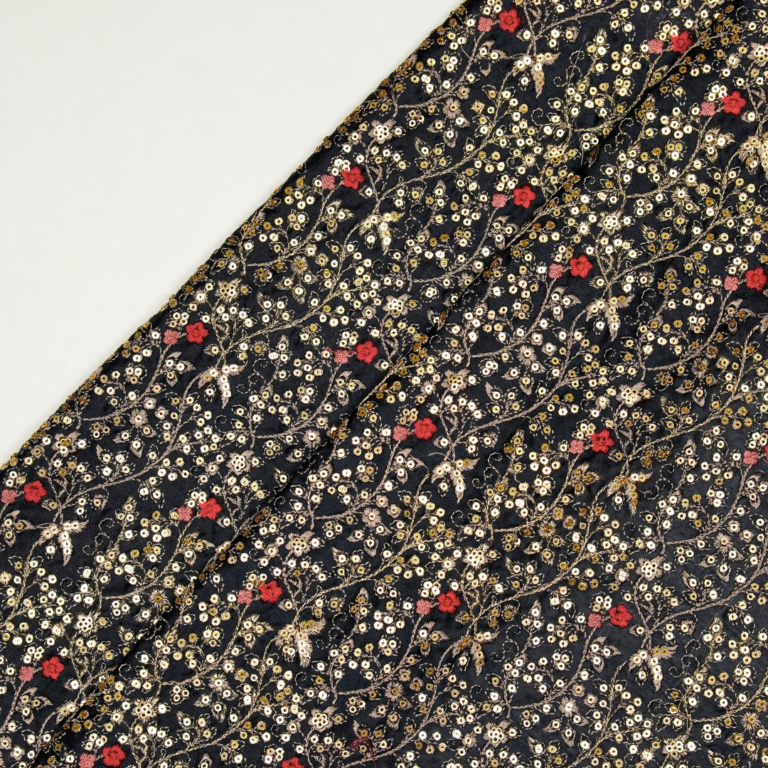 Mehraj Jaal on Charcoal Silk Chanderi Embroidered Fabric