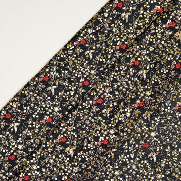 Mehraj Jaal on Charcoal Silk Chanderi Embroidered Fabric
