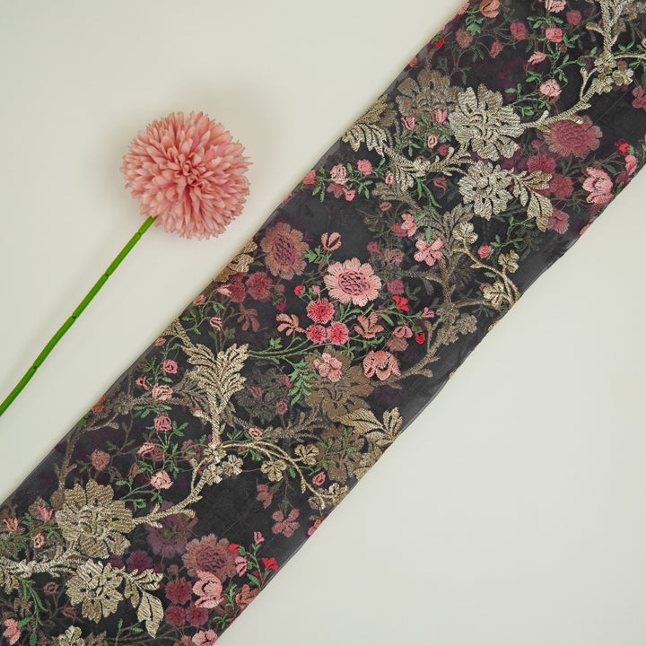Sarangi Jaal on Charcoal Silk Organza Embroidered Fabric