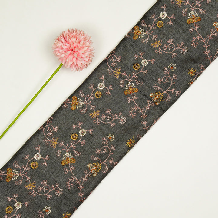 Latika Jaal On Charcoal Tussar Silk Embroidered Fabric