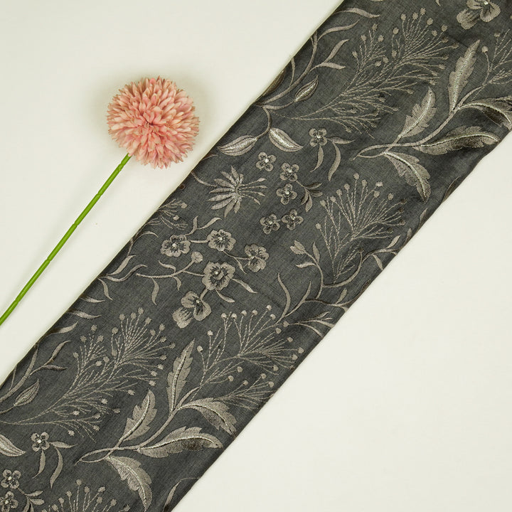 Tarali Jaal On Charcoal Tussar Silk Embroidered Fabric