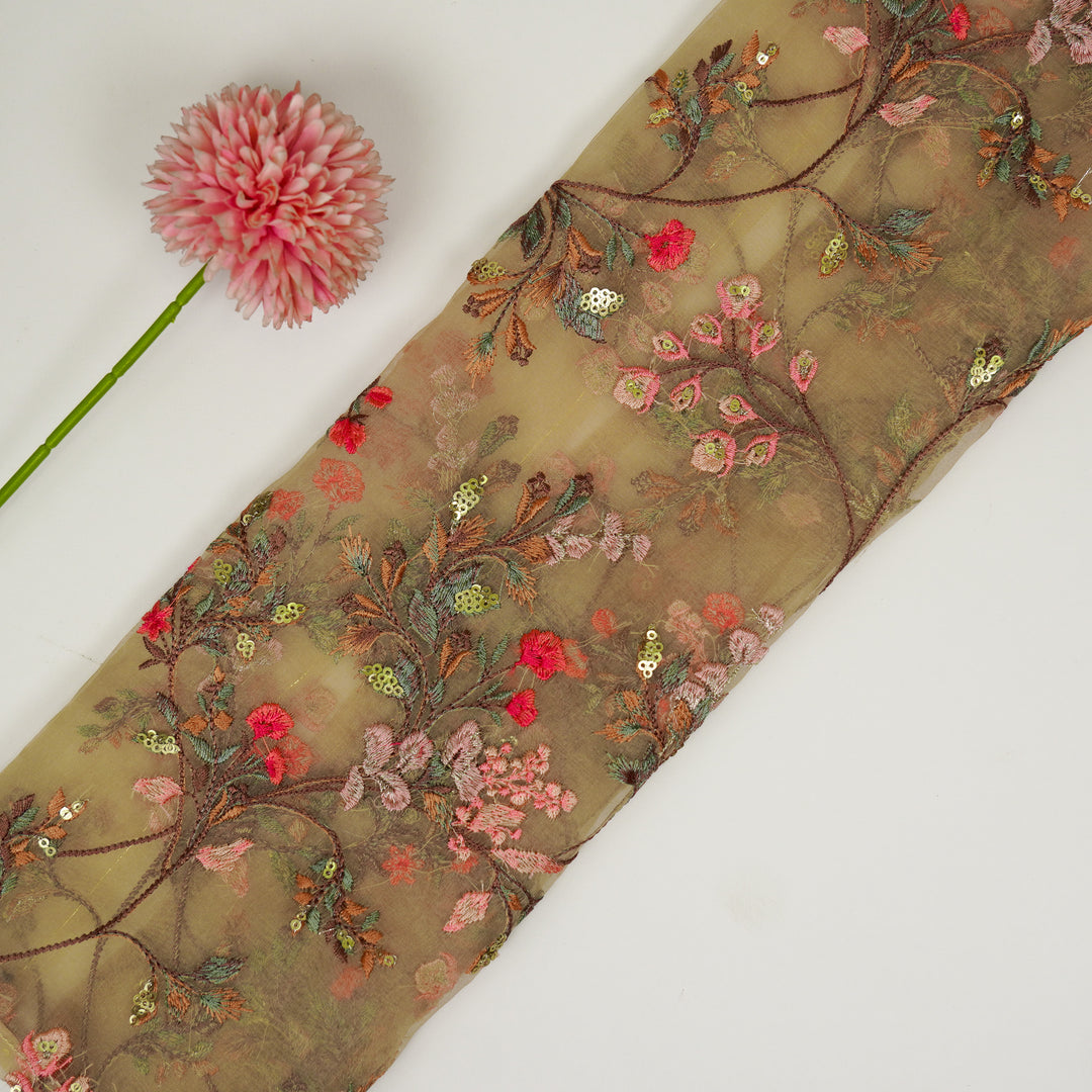 Nazm Jaal on Chiku Silk Organza Embroidered Fabric