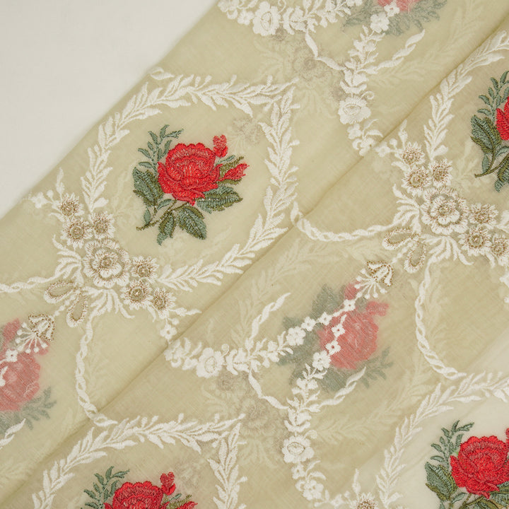 Roseen Jaal on Cream Cotton Silk Embroidered Fabric
