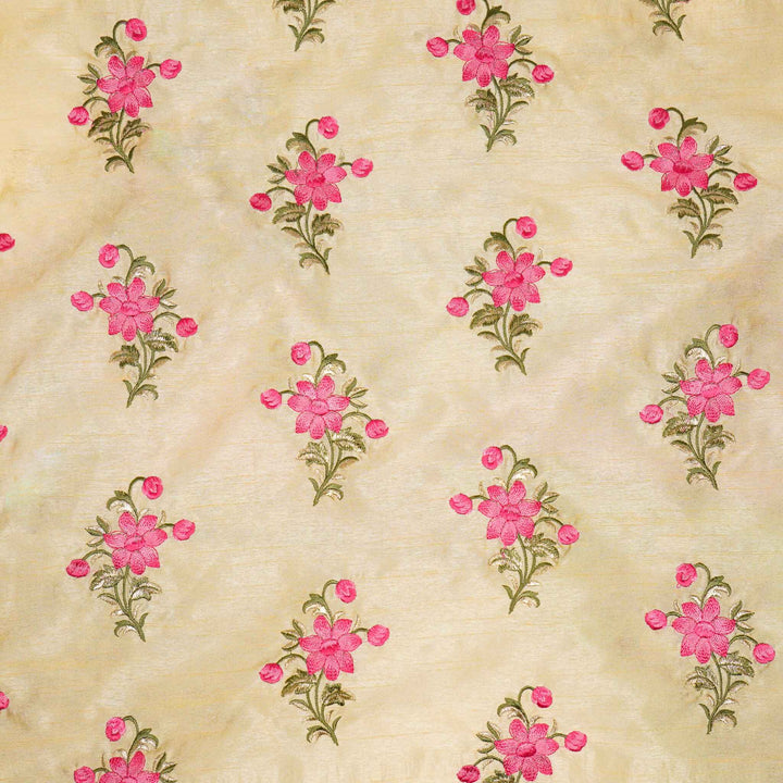 Dalia Floral Buta on Cream Semi Raw Silk Embroidered Fabric