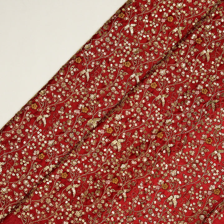 Mehraj Jaal on Crimson Red Silk Chanderi Embroidered Fabric