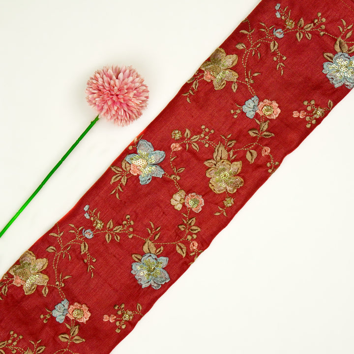 Rabab Jaal On Crimson Red  Tussar Silk Embroidered Fabric