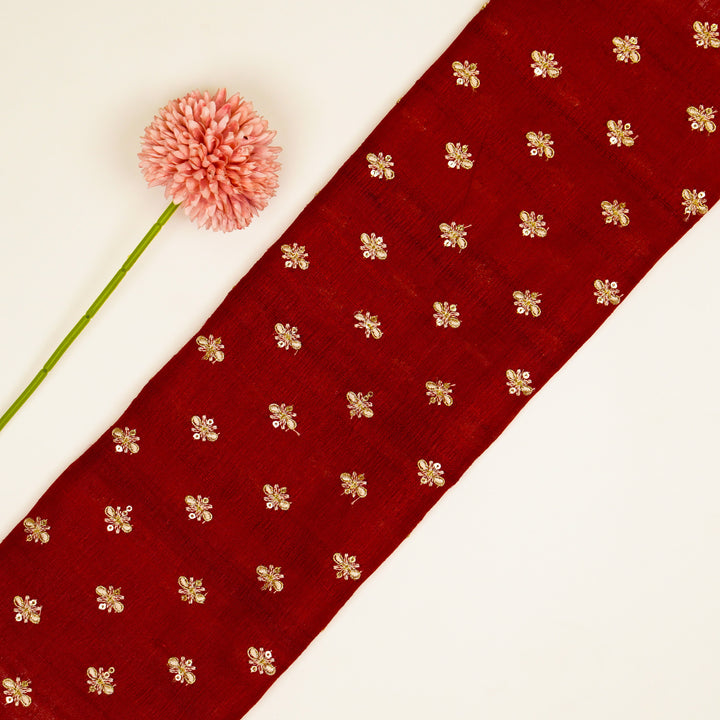 Bindra Buti On Crimson Red Tussar Silk Embroidered Fabric