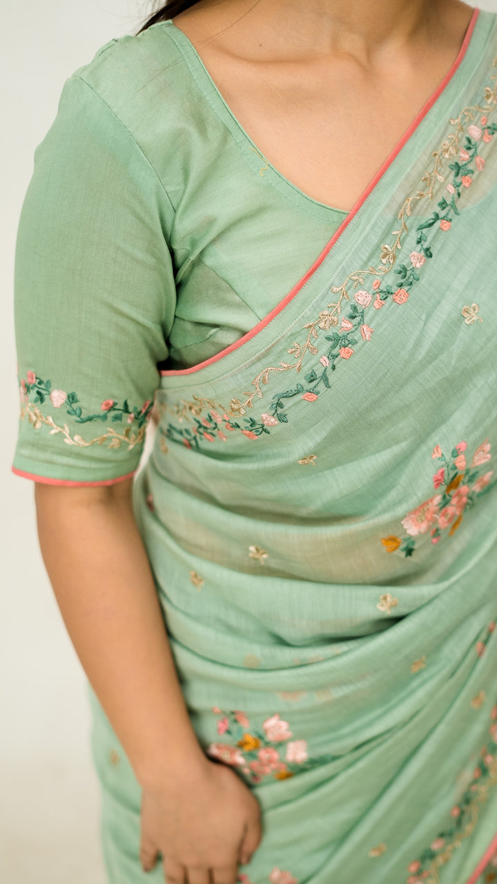 Neerangi Embroidered Saree on Light Teal Cotton Silk