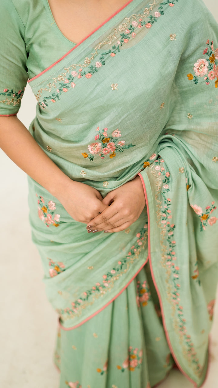 Neerangi Embroidered Saree on Light Teal Cotton Silk