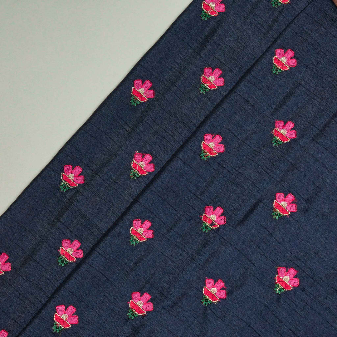 Trifla Buti on Navy Blue Semi Raw Silk Embroidered Fabric