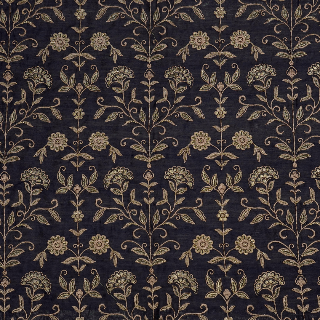 Barika Jaal on Navy Blue Luxe Silk Chanderi Embroidered Fabric