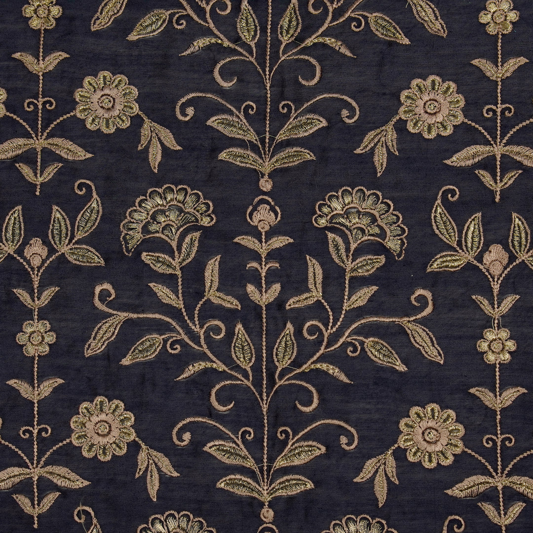 Barika Jaal on Navy Blue Luxe Silk Chanderi Embroidered Fabric