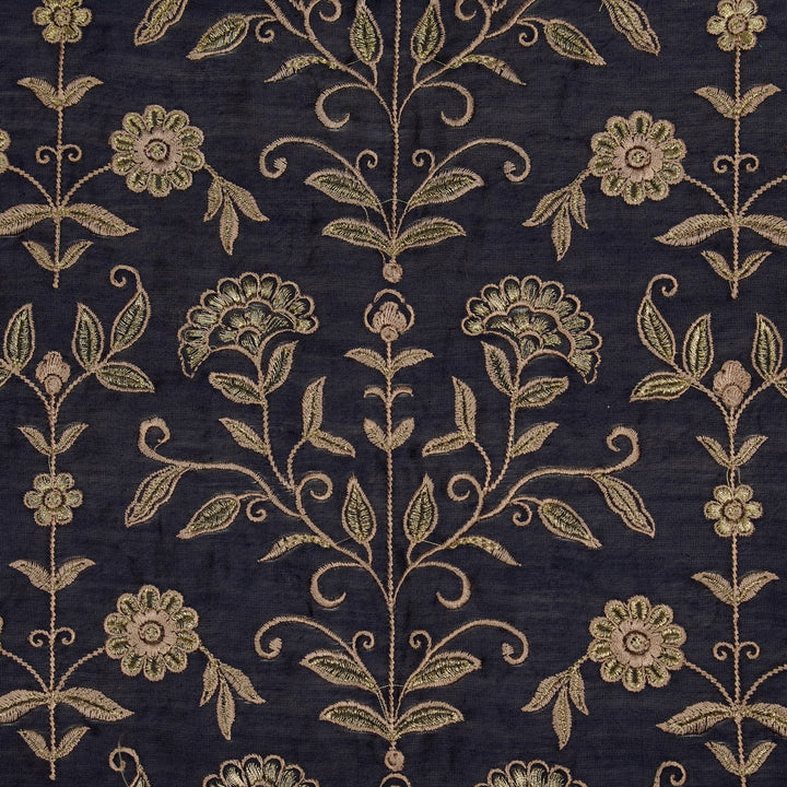 Barika Jaal on Navy Blue Luxe Silk Chanderi Embroidered Fabric