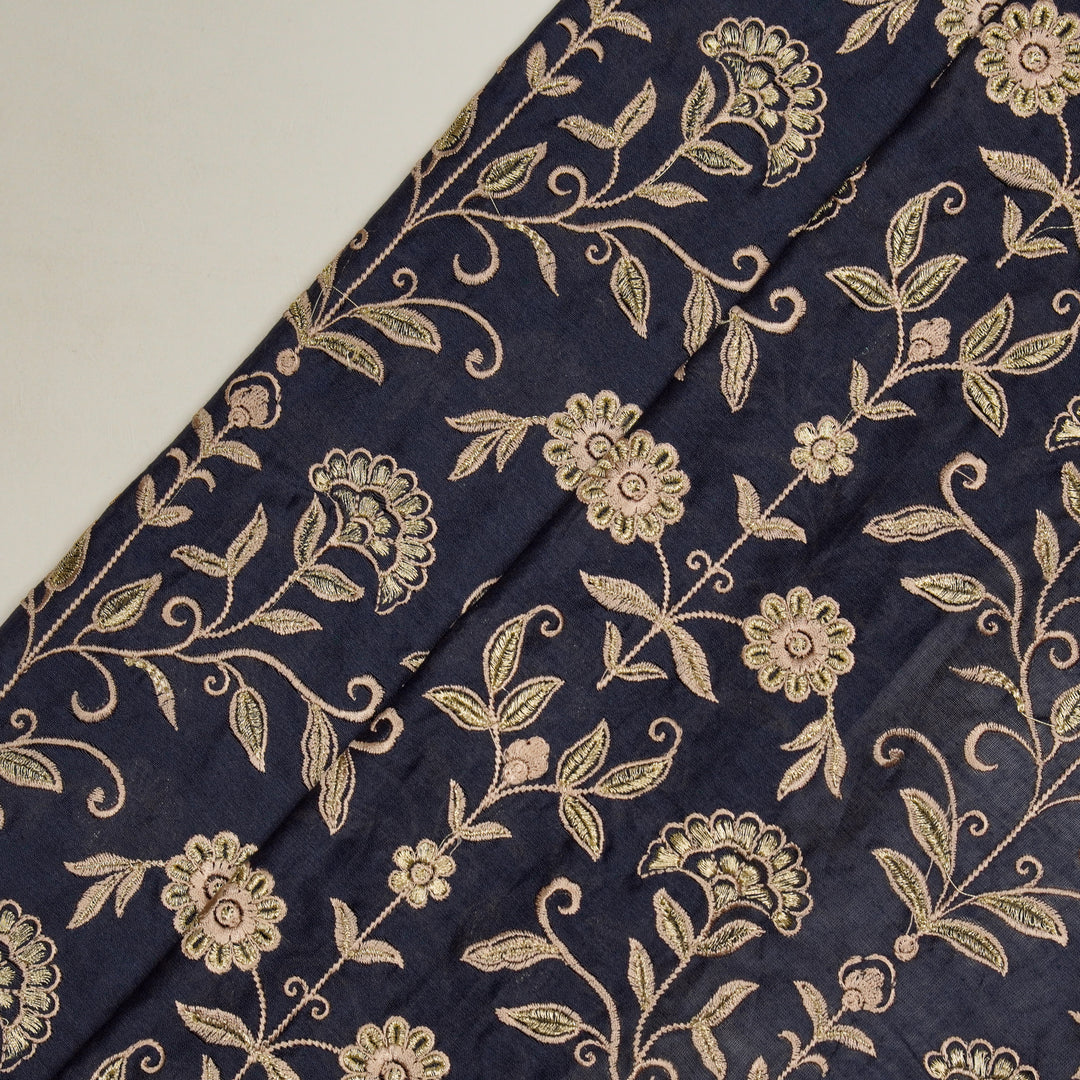 Barika Jaal on Navy Blue Luxe Silk Chanderi Embroidered Fabric