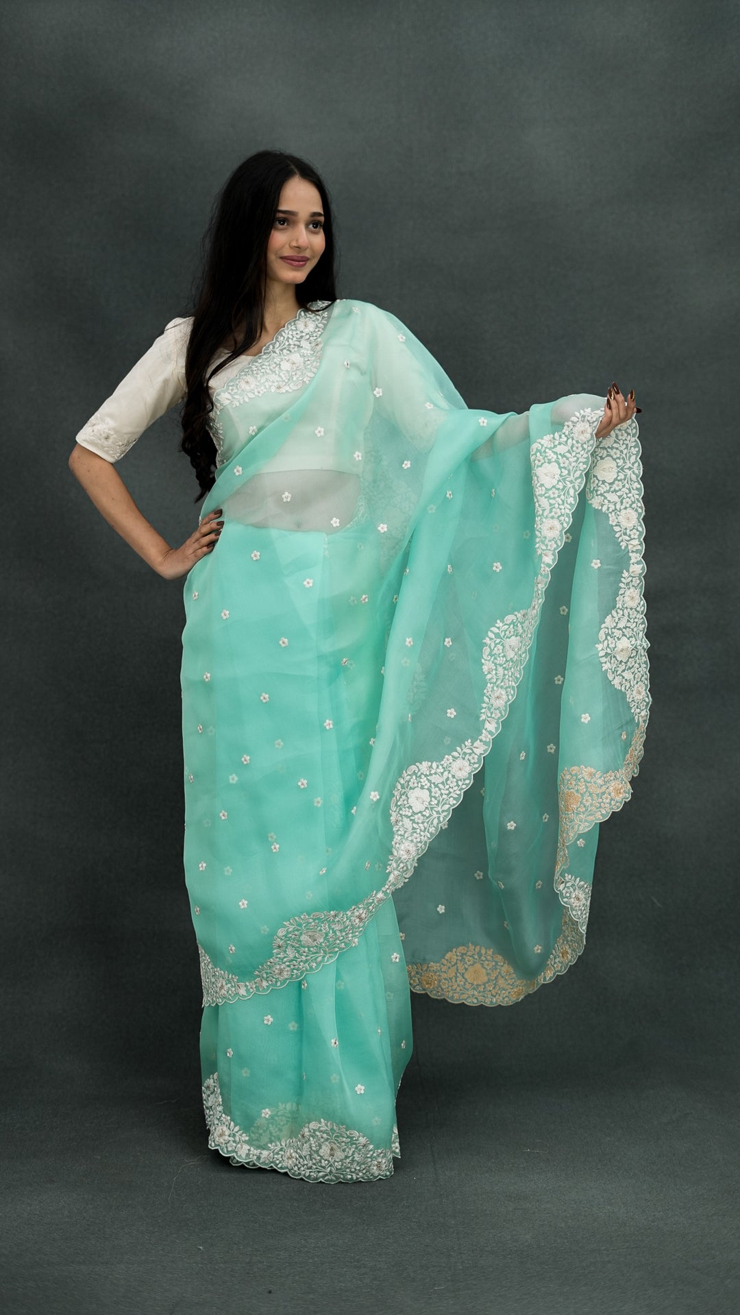 Vrinda Embroidered Saree on Turquoise Pure Silk Organza