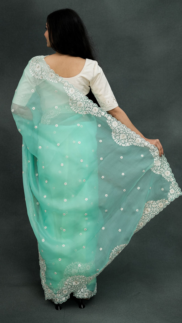 Vrinda Embroidered Saree on Turquoise Pure Silk Organza