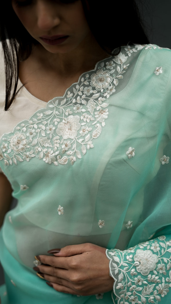Vrinda Embroidered Saree on Turquoise Pure Silk Organza