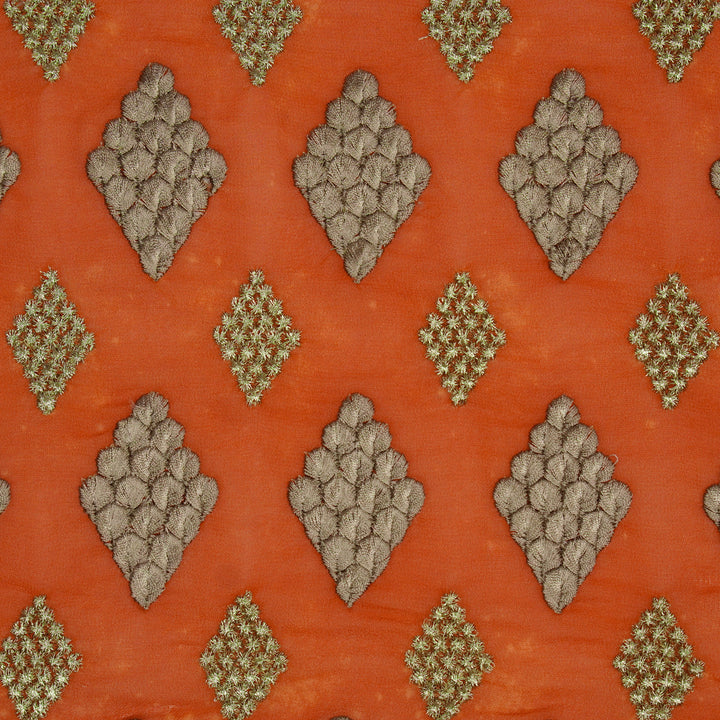 Afana Buta on Red Rust Semi Georgette Embroidered Fabric