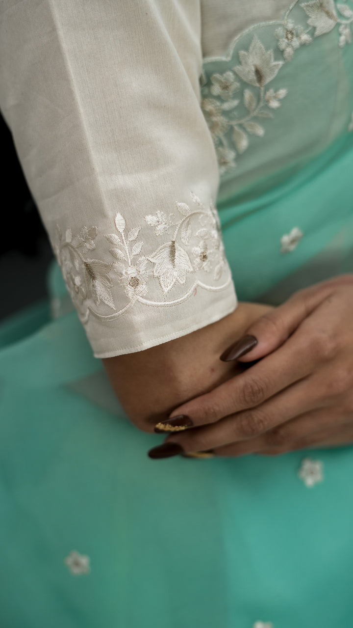 Vrinda Embroidered Saree on Turquoise Pure Silk Organza